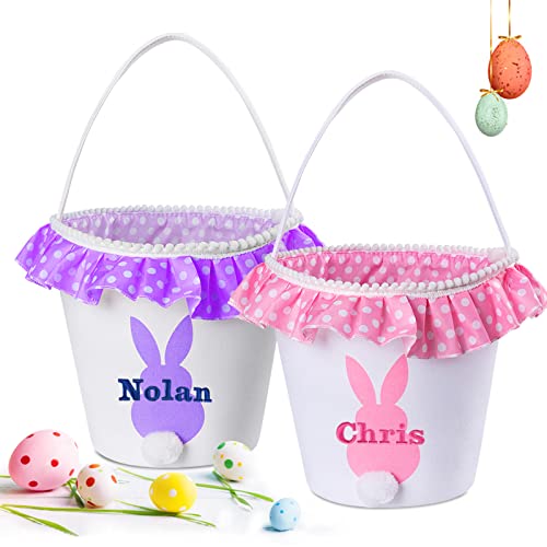 VAPCUFF 2 Pcs Personalized Easter Baskets for Boys Girls, Bunny Easter Basket with Name, Canvas Material, Purple Color