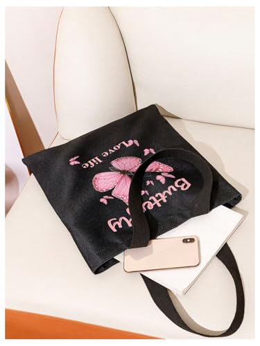SHENHE Women's Linen Tote Bag Butterfly Patterned Grocery Shopping Travel Reusable Shoulder Bag3