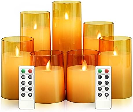 Eebuss Flickering Flameless Candles, Battery Operated LED Pillar Moving Flame Candles with Timer and Remote Control, Set of 7 (D 3"×H 4" 4" 5" 5" 6" 7" 8")(Gold)