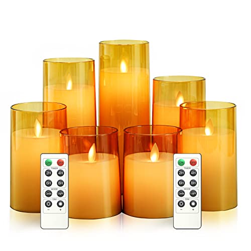 Eebuss Flickering Flameless Candles, Battery Operated Led Pillar Moving Flame Candles With Timer And Remote Control, Set Of 7 (D 3"×H 4" 4" 5" 5" 6" 7" 8")(Gold) #TOP16