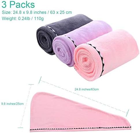 ROSSHINE Microfibre Hair Towel Wrap, 3 Pack Hair Towel Turban 63 x 25 cm, Ultra Absorbent Hair Wrap Towel, Anti Frizz Quick Dry Head Towel Wrap for Women Girl Curly, Wet, Long, Short, Thick Hair