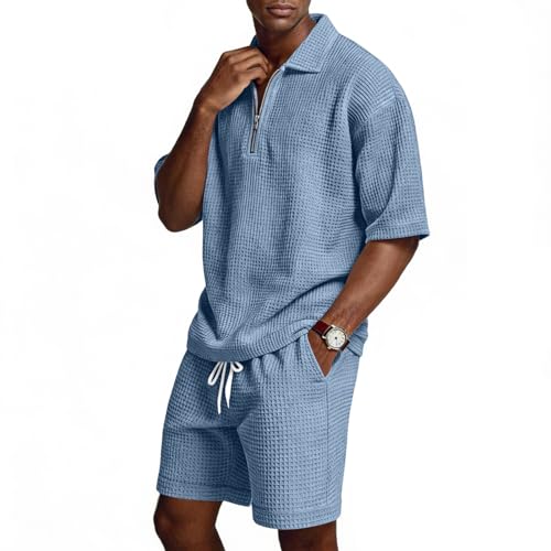Ensemble polo et short texturé gaufrette homme col rabat zip