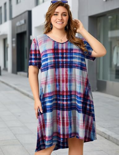 Image of OVERWORETY Womens Short Sleeve Plus Size T-Shirt Dress V Neck Casual Loose Swing A-Line Summer Tunic Dresses with Pockets