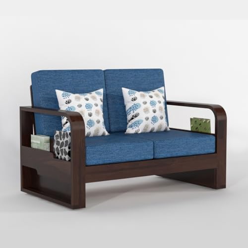 Image of Solid Sheesham Wooden 2 Seater Sofa for Living Room | Sofa with Side Pocket Storage & Cushion | Rosewood Sofa Set for Home (Walnut with Blue Cushion, 2 Seater)