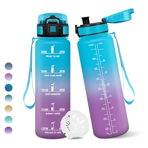 Motswedi Trinkflasche 1000ml, BPA-Frei, Trinkflasche Sport, Auslaufsicher, Wasserflasche, Kohlensäure Geeignet, Sport Trinkflaschen, für Yoga, Schule, Fahrrad, Kinder, Outdoors, Blau Lila