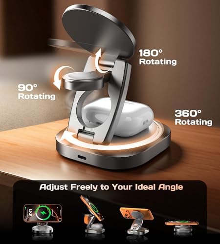 Qi2.2 25W 3-in-1 Wireless Charger for iPhone 17/16 Series, Foldable Wireless Charging Station Compatible with MagSafe, 360° Swivel Zinc Alloy Base for Apple Watch & AirPods (45W Adapter Included) — view 4