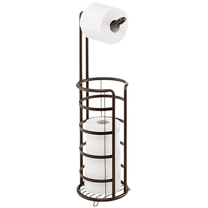 mDesign Metal Decorative Freestanding Toilet Paper Roll Holder Stand and Dispenser with Storage for 3 Extra Rolls of Reserve Toilet Tissue - for Bathroom Storage Organizing - Holds Mega Rolls - Bronze