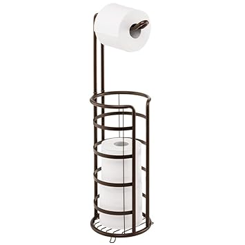 mDesign Metal Decorative Freestanding Toilet Paper Roll Holder Stand and Dispenser with Storage for 3 Extra Rolls of Reserve Toilet Tissue - for Bathroom Storage Organizing - Holds Mega Rolls - Bronze