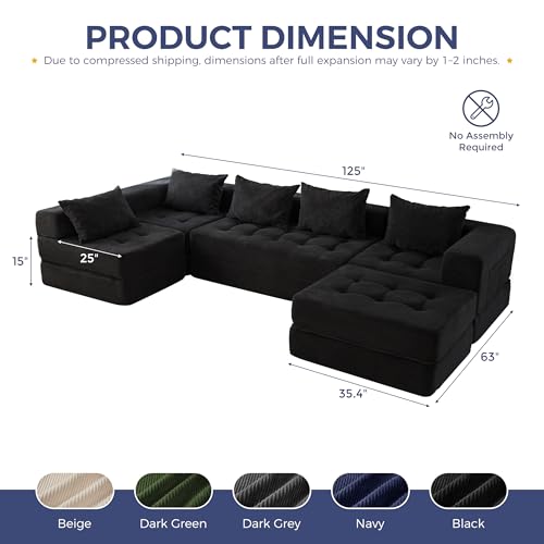 Image of MAXYOYO Modular Sectional Sofa Couch, Foldable U Shaped Cloud Couch with Pillows, Tufted 6-Seat Boneless Sofa Lounger for Living Room, No Assembly Required, Black