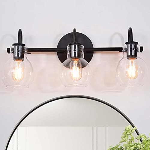 Rest room Vainness Gentle, 3-Gentle Fashionable Black Vainness Lighting Fixtures, Farmhouse Rest room Gentle Fixtures with Clear Glass Shades, 22’’ L x 7’’ W x 9’’ H
