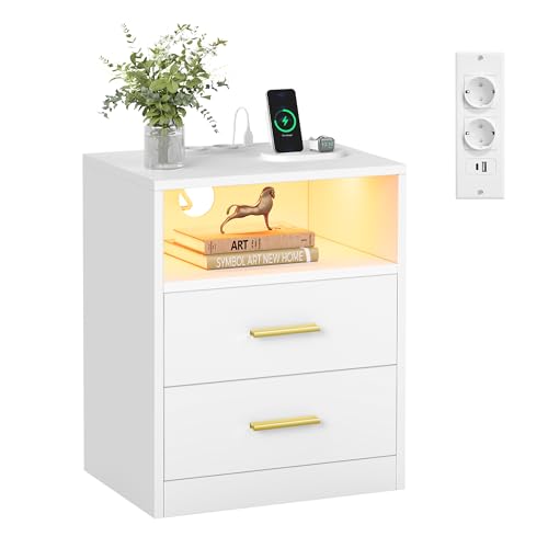 VASAGLE Custos Collection - Table de Chevet avec Multiprise, LED, Table d’Appoint avec Tiroirs, Compartiment Ouvert, 2 Prises CA, Ports USB, Blanc Nuage...