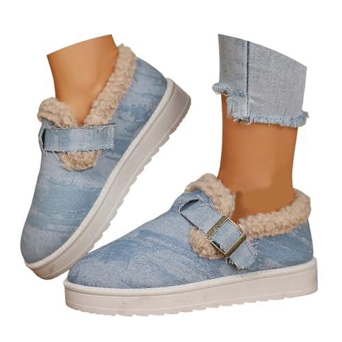 Womens Winter Fluffy Full Slippers Warm Platform Buckle Strap House Slippers Comfy Cotton Fleece Lined Lightweight Loafer Indoor Outdoor Non-Slip Canvas Flat Snow Boots Walking Shoes