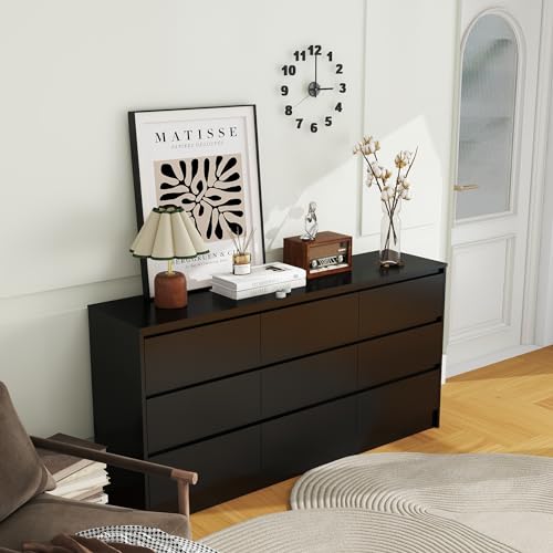 Panana Modern 9 Drawer Wood Dresser for Bedroom, Large Floor Storage Drawer Cabinet Lateral Chest of Drawers Handle Free Organizer for Closet Living Room (Black, 9 Drawer)