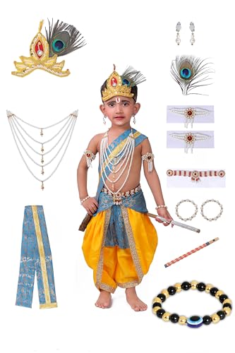 Image of Krishna Dress for Kids, Baby Krishna Dress for Janmashtami with Krishna Mukut, Peacock Feather & Flute Embroidered Krishna Costume for Girl & Boy, 3 Months-8 Years