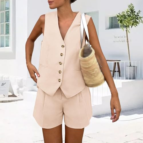 Summer Two Piece Sets for Women Sleeveless V Neck Button Down Blazer Vest and High Waisted Work Suit Short Set3