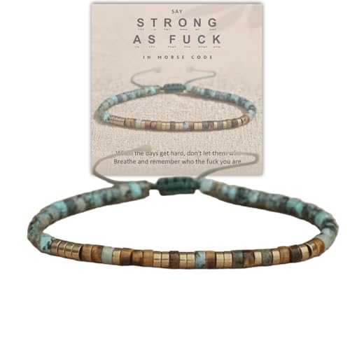 'Strong As Fuck' Morse Code Motivational Bracelet with African Turquoise Tiger Eye,Adjustable Natural Gemstone Morse Code Bracelets,Courage Power Stackable Bead Wrap Bracelets for Women