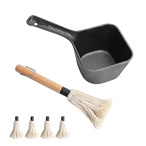 SafBbcue Cast Iron BBQ Sauce pot and Basting Brush Set, Cast Iron Grill Melting Pot & Mop Sauce Brush Meat Mop Brush for Big Green Egg Sauce Pot Grill Cooking Accessories, Heavy Pot Gifts for Griller