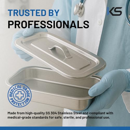 Image of KS Stainless Steel Instrument Tray with Lid - Deluxe Quality SS304 Medical Tray for Hospitals, Clinics, and Surgical Use - Corrosion-Resistant, Sterilizable (8 inch x 3 inch x 1.5 inch, Pack of 1)