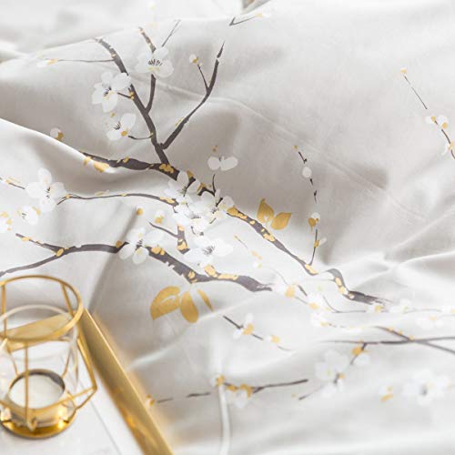 Japanese Oriental Style Cherry Red Blossom Floral Branches Print Duvet Quilt Cover 300Tc Cotton Bedding 3 Piece Set (King, Light Taupe) #TOP6