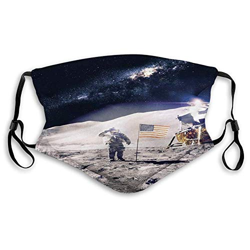 Komfortable Gesichtsmasken Raum, Astronaut auf Mond mit amerikanischer Flagge Invasion Rakete Kosmonauten Mission Fotodruck, Taupe Blau für