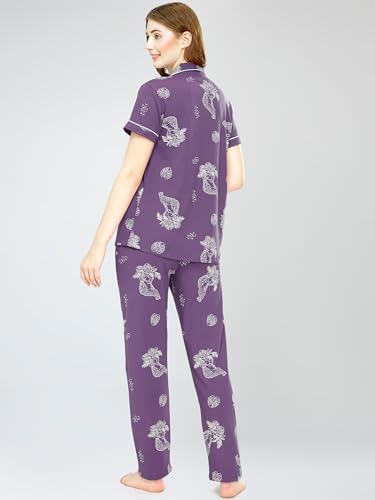 Image of ZEYO Night Suit for Women's Floral & Cheetah Printed Cotton Night Dress of Shirt and Pajama Set 5755