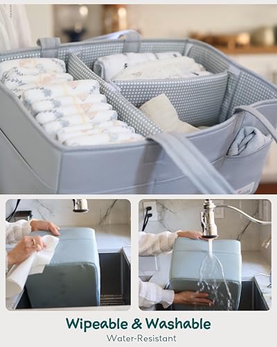 Image of Lily Miles Diaper Caddy Organizer with 8 Pockets, Wipeable Baby Caddy Basket for Diapers and Wipes, Baby Registry Favorites, Nursery Tote Bag for Changing Table or Car (Heather Grey, Large)