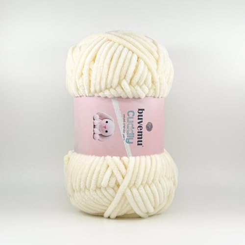Image of Cuddly Velvet Chenille Yarn, Super Soft Fluffy Bulky for Knitting Crocheting Crafting Blanket Amigurumi, Durable for Shedding, 100 Gram (3.53 Ounces) 109 Yards (100 Meters) (Cream)