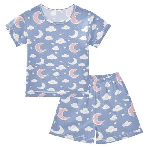 Cute Moon Cloud Pajama Set, Short Sleeve Cotton Sleepwear Nightwear