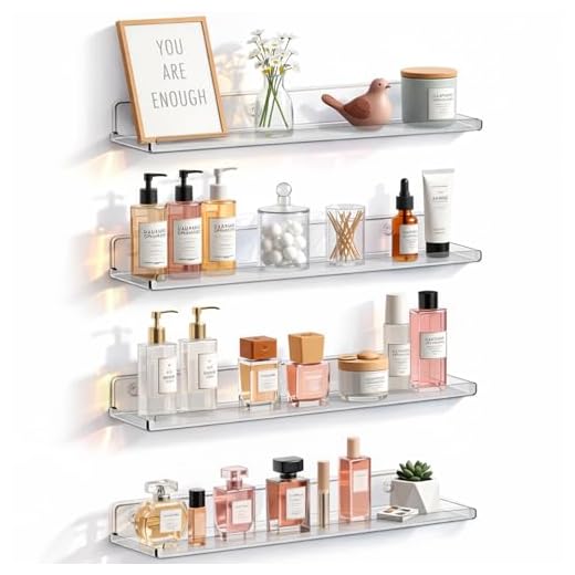 Lifewit Floating Shelves for Bathroom, Acrylic Wall Organizer for Perfume, Makeup, Figures, Nail Polish, Photo, Book, 14" Decor Display Rack for Nursery, Living Room, Bedroom, Kitchen, Clear, 4 Pack
