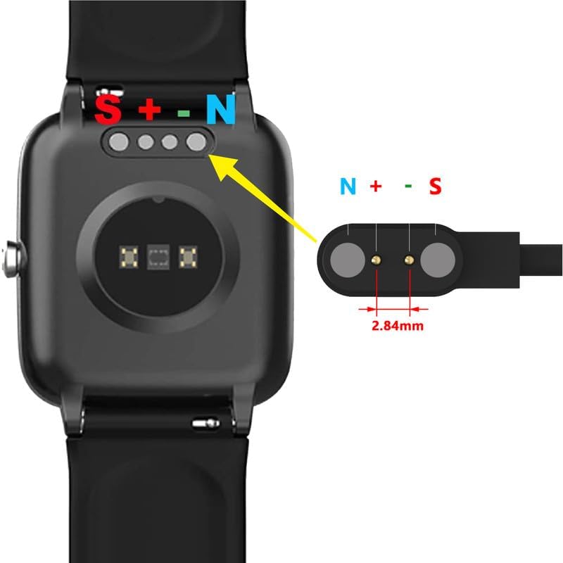 Smartwatch charging cable connected to the back of a smartwatch