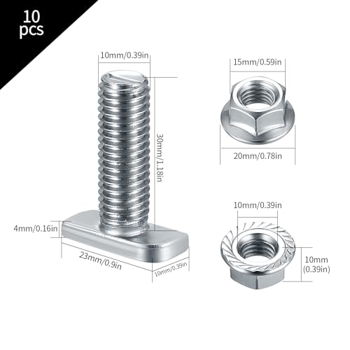 Hammerkopfschrauben M10x30, 10 Stk T-Nut-Schiebe-Schrauben mit 10 Stk Flanschmuttern Sechskantmuttern, T-Nut Bolzen, Gewächshaus Schrauben für PV Module Photovoltaik-Aluprofil Gewächshaus