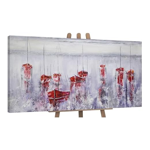 YS-Art Pintura hecha a mano motivo marino Un puerto tranquilo Pintado en acrílico con barcos rojos en un paisaje de niebla Arte moderno 100x50 cm