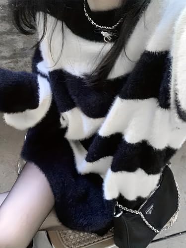 Womens Wide Striped Fuzzy Sweater Casual Contrast Color Crew Neck Furry Knit Pullover Tops4