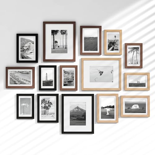 Venusmiles 15 Pack Picture Frames Collage Wall Decor, Gallery Frame Set for Wall Mounting or Tabletop Display, Multi Sizes Including 3pcs 8x10, 6pcs 5x7, 6pcs 4x6, Black+Oak+Walnut