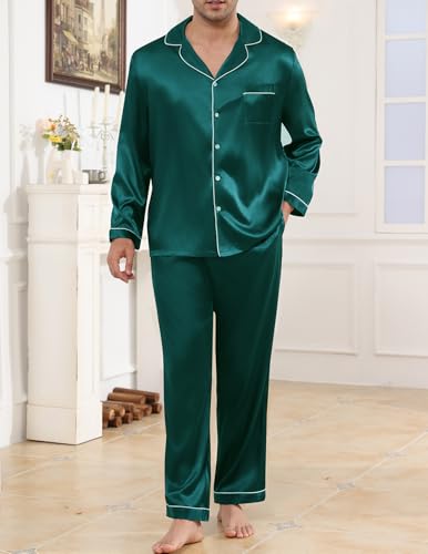 Image of Veseacky Mens Silk Satin Pajamas Set Short Sleeve Sleepwear Button-Down Pjs Sets Two-Pieces Loungewear with Pockets S-XXL