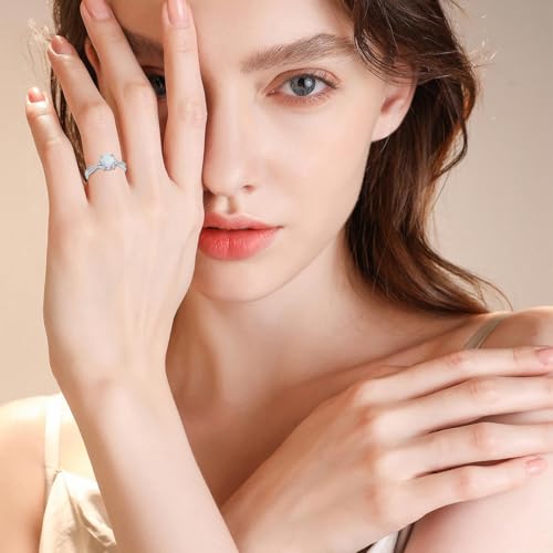 Opals Ring for Women 1 Carat 925 Sterling Silver Round Shape Opal Engagement Ring with Moissanite Promise Ring Valentine's Day Jewelry Gifts for Her,Ring Sizes 4-123
