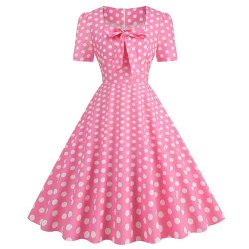 Image of Women's Square Neck Short Sleeve Bow Polka Dot Dress, pink, M