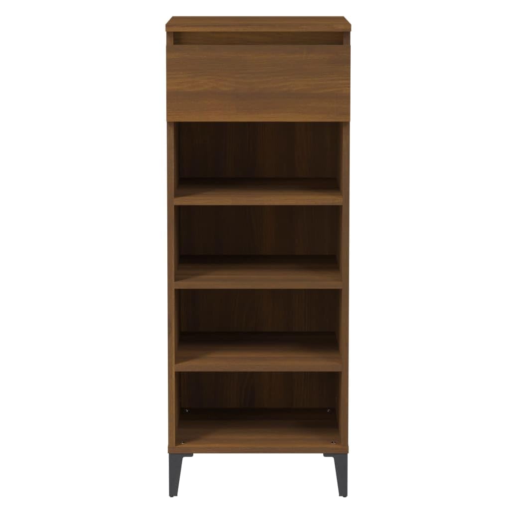 Regał na buty, brązowy, wygląd dębu, materiał drewnopochodny z metalowymi nóżkami, 40 x 36 x 105 cm, szafka na buty z szufladą i 3 półkami, do korytarza, przedpokoju, sypialni, porządek i