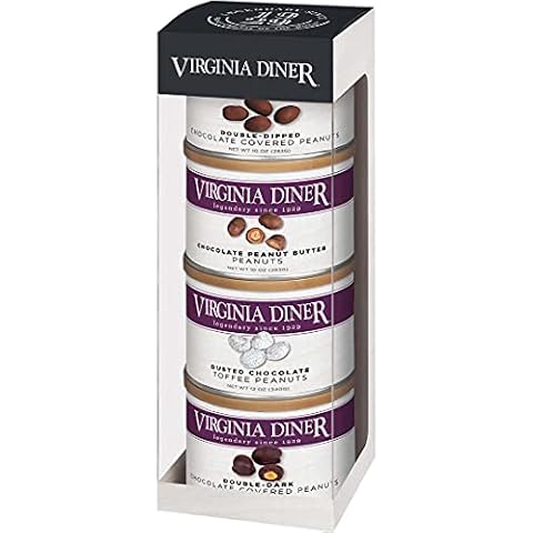 Virginia Diner Fantastic Four Chocolate Gift Set (Chocolate Peanut Butter Peanuts 10oz, Dark Chocolate Double Dipped Peanuts 10oz, Milk Chocolate Double Dipped Peanuts 10oz, Dusted Chocolate Toffee Peanuts 12oz) Cover