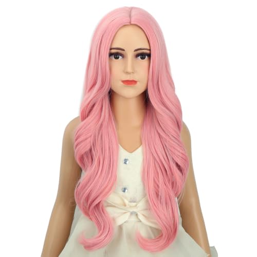 Image of Pale Pink Wig Long Pastel Pink Wavy Curly Wig Long Middle Part Wigs Heat Resistant Synthetic Hair with Cap (Small Size)
