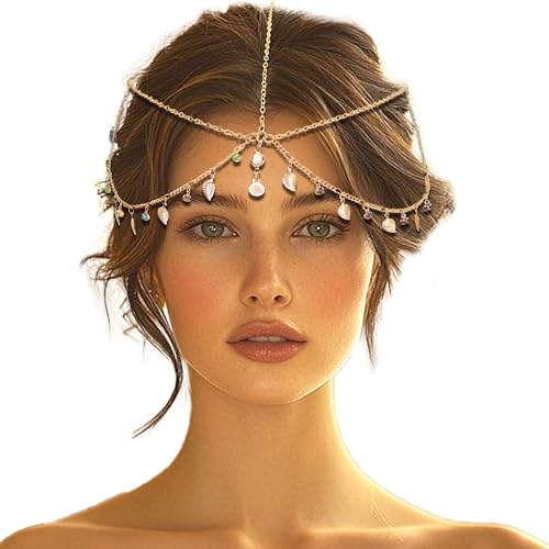 Image of VENOFEN Sequin Head Chain Gold Leaf Boho Headpiece Jewelry Rhinestone Forehead Hair Chain Layered Headband Festival Goddess Costume Hair Accessories