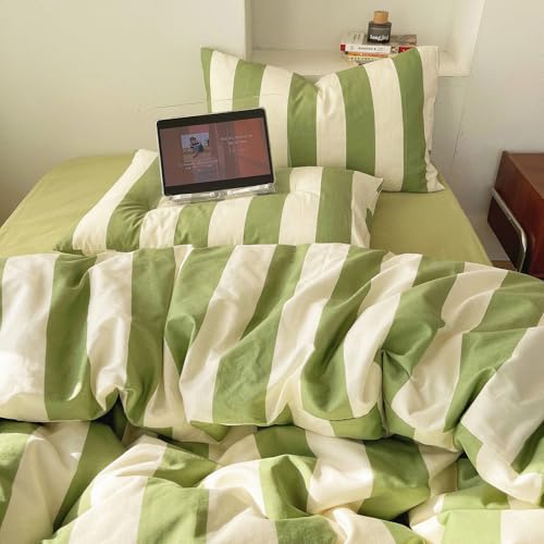 Image of Full Comforter Set 3 Pieces Striped Comforter Set Green White Stripes Pattern Comforter with 2 Pillowcases Modern Style Fluffy Soft Lightweight Bedding Set Comfy Retro Striped Comforter Full Size