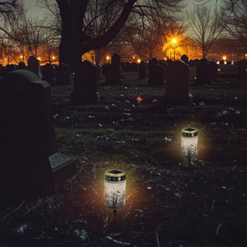 Image of 2 Pack Crow Solar Memorial Lights for Graves | Waterproof Solar Powered Grave Lights, LED Flameless Candle for Prayer Grave Lights for Cemetery Decor, Outdoor Use
