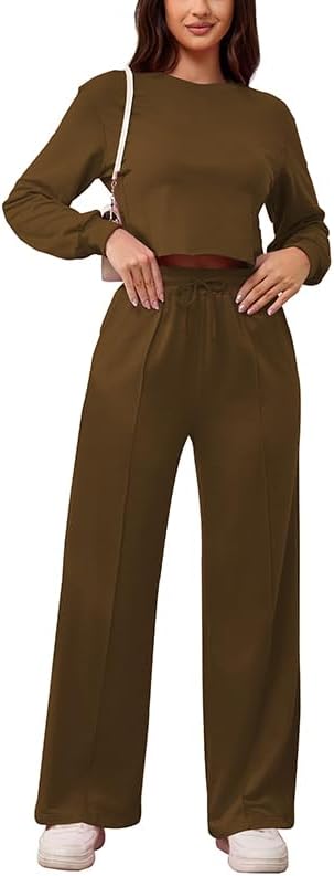PINSV Women's 2 Piece Outfits Sweatsuit Set Long Sleeve Crop Top Drawstring Wide Leg Pants with Pockets Tracksuits Casual Set - Image 3