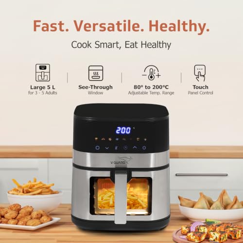 Image of V-Guard Emocia Pro Air Fryer (New Launch) | See-Through Window | 5 L Capacity for 3-5 People | 2 Year Coverage by V-Guard | Healthy Cooking | Touch Panel Control & Digital Display | Air Fryer Oven