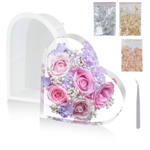 KJLEEN 5Pcs Heart Resin Moulds Large Silicone Moulds for Resin Casting, Extra Deep Heart Epoxy Resins Mould with Gold Foil and Tweezer for Flower Preservation & DIY Wedding Gift Picture Frame Bookends