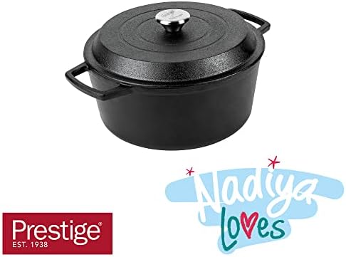 Prestige x Nadiya Cast Iron Casserole Dish with Lid - Black Cast Iron Dutch Oven Cooking Pots, 4.5L, Pre seasoned, Induction Suitable, Oven Safe & Toxin Free Cast Iron Pot
