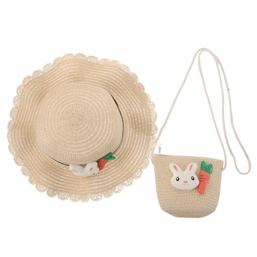 1 Set Kids Girl Summer Straw Hat Foldable Wide Brim Cap Sun Visor Hats Beach and Cute Straw Purse Woven Crossbody Bag for Kids Travel Outings Beige