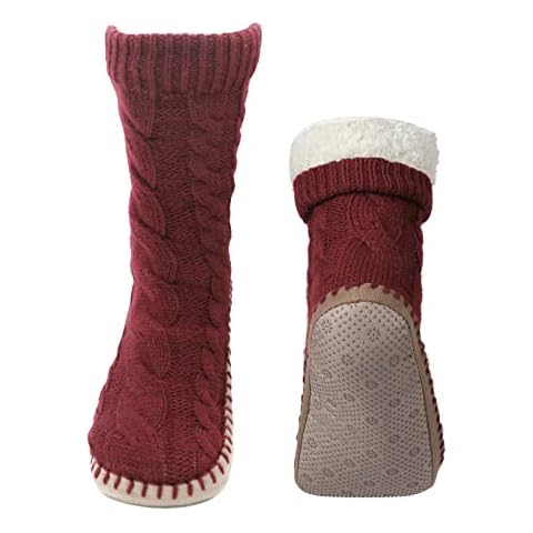 Caudblor Slipper Socks for Women Grippers, Red Thick Lined Knit Slipper Sock With Sole Non Skid Bottom, Indoor House Fuzzy Slipper Sock for Hospital Floor, Christmas Slipper Socks for Family,Size 7-9 Cover