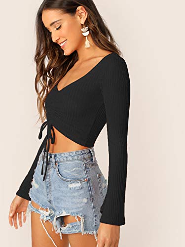 Image of SweatyRocks Women's Adjustable Drawstring String Long Bell Sleeve Rib Knit Sexy Crop Top